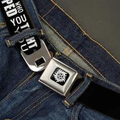 Winchester Logo Full Color Black White Seatbelt Belt - Castiel/Hand Print RAISED FROM PERDITION Black/Red/Grays/White Webbing