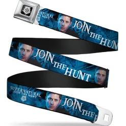 Winchester Logo Full Color Black White Seatbelt Belt - SUPERNATURAL Dean Pose/JOIN THE HUNT Blues/White Webbing