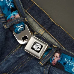 Winchester Logo Full Color Black White Seatbelt Belt - SUPERNATURAL Dean Pose/JOIN THE HUNT Blues/White Webbing