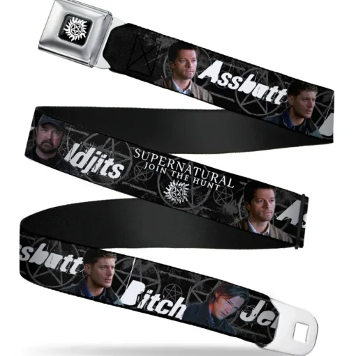 Winchester Logo Full Color Black White Seatbelt Belt - SUPERNATURAL 4-Character Poses/ASSBUTT-BITCH-JERK-IDJITS Black/Gray/White Webbing