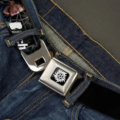 Winchester Logo Full Color Black White Seatbelt Belt - SUPERNATURAL 4-Character Poses/ASSBUTT-BITCH-JERK-IDJITS Black/Gray/White Webbing