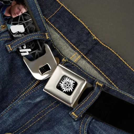 Winchester Logo Full Color Black White Seatbelt Belt - SUPERNATURAL 4-Character Poses/ASSBUTT-BITCH-JERK-IDJITS Black/Gray/White Webbing