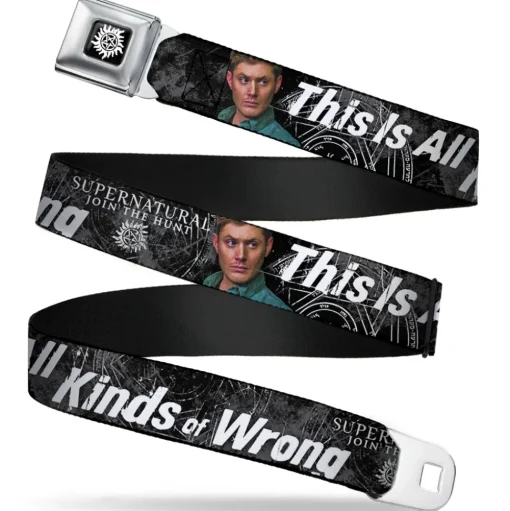 Winchester Logo Full Color Black White Seatbelt Belt - SUPERNATURAL Dean Pose/THIS IS ALL KINDS OF WRONG Grays/White Webbing