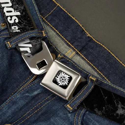 Winchester Logo Full Color Black White Seatbelt Belt - SUPERNATURAL Dean Pose/THIS IS ALL KINDS OF WRONG Grays/White Webbing