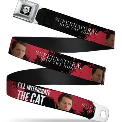 Winchester Logo Full Color Black White Seatbelt Belt - SUPERNATURAL Castiel I'LL INTERROGATE THE CAT Black/Blood Splatter/White Webbing
