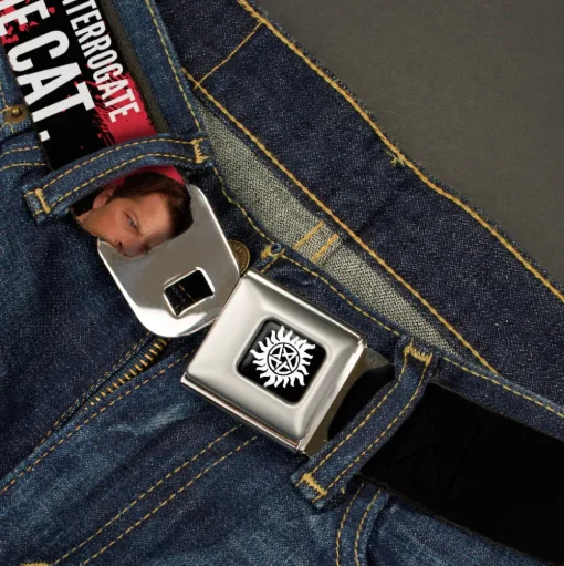 Winchester Logo Full Color Black White Seatbelt Belt - SUPERNATURAL Castiel I'LL INTERROGATE THE CAT Black/Blood Splatter/White Webbing