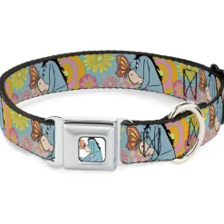 Winnie the Pooh Eeyore Butterfly Pose Full Color White Seatbelt Buckle Collar - Winnie the Pooh Eeyore Butterfly Pose Floral Collage Blue/Pinks/Yellows