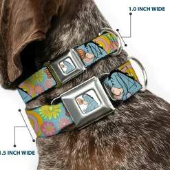 Winnie the Pooh Eeyore Butterfly Pose Full Color White Seatbelt Buckle Collar - Winnie the Pooh Eeyore Butterfly Pose Floral Collage Blue/Pinks/Yellows