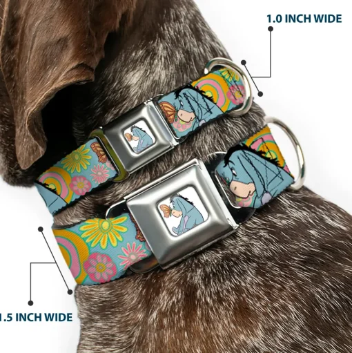 Winnie the Pooh Eeyore Butterfly Pose Full Color White Seatbelt Buckle Collar - Winnie the Pooh Eeyore Butterfly Pose Floral Collage Blue/Pinks/Yellows