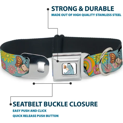 Winnie the Pooh Eeyore Butterfly Pose Full Color White Seatbelt Buckle Collar - Winnie the Pooh Eeyore Butterfly Pose Floral Collage Blue/Pinks/Yellows