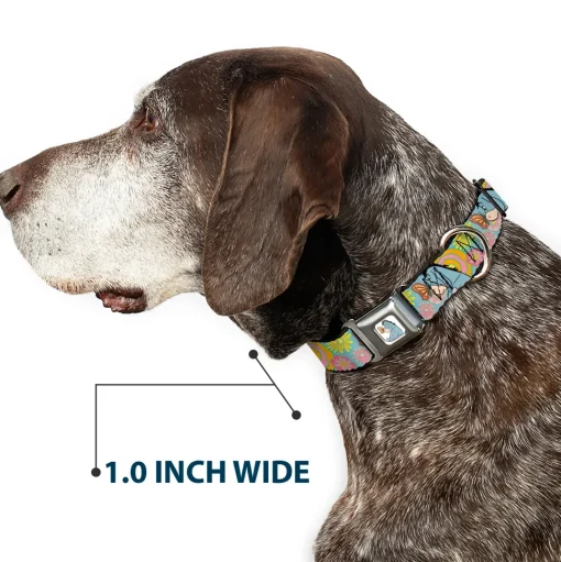 Winnie the Pooh Eeyore Butterfly Pose Full Color White Seatbelt Buckle Collar - Winnie the Pooh Eeyore Butterfly Pose Floral Collage Blue/Pinks/Yellows