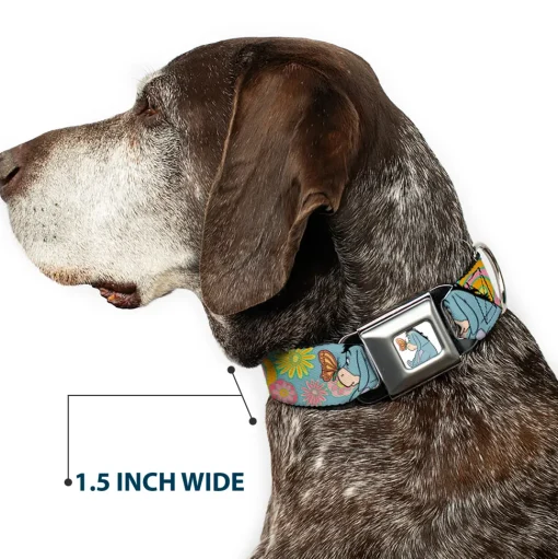 Winnie the Pooh Eeyore Butterfly Pose Full Color White Seatbelt Buckle Collar - Winnie the Pooh Eeyore Butterfly Pose Floral Collage Blue/Pinks/Yellows