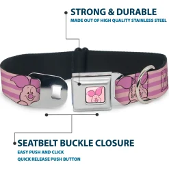 Winnie the Pooh Piglet Expression Close-Up Pink Seatbelt Buckle Collar - Winnie the Pooh Piglet Expression Close-Up Stripe Pinks