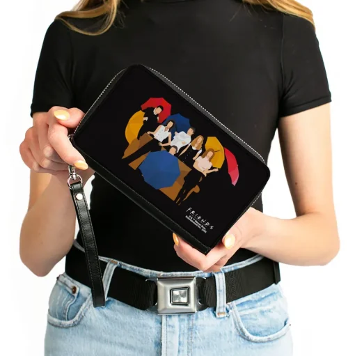 Women's PU Zip Around Wallet Rectangle - Friends Umbrella Group Poses Silhouette I'LL BE THERE FOR YOU Black White
