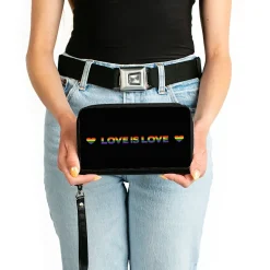 Women's PU Zip Around Wallet Rectangle - LOVE IS LOVE Heart Black Rainbow