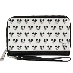 Women's PU Zip Around Wallet Rectangle - Mickey Mouse Smiling Expression All Over White