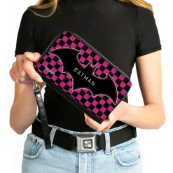 Women's PU Zip Around Wallet Rectangle - BATMAN Bat Logo Close-Up Checker Fuchsia Black