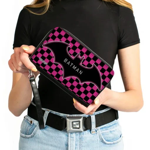 Women's PU Zip Around Wallet Rectangle - BATMAN Bat Logo Close-Up Checker Fuchsia Black