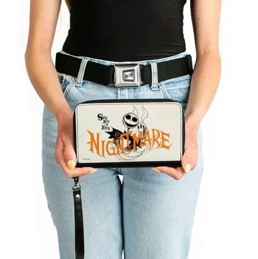 Women's PU Zip Around Wallet Rectangle - Nightmare Before Christmas Jack and Zero SEE YOU IN YOUR NIGHTMARE Pose White Black Orange