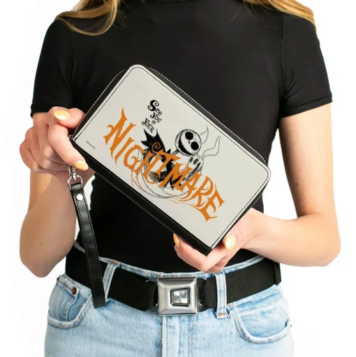 Women's PU Zip Around Wallet Rectangle - Nightmare Before Christmas Jack and Zero SEE YOU IN YOUR NIGHTMARE Pose White Black Orange