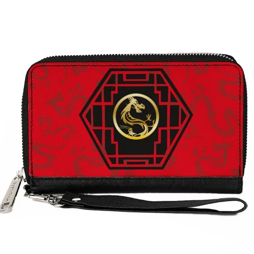 Women's PU Zip Around Wallet Rectangle - Mulan Mushu Cri-kee Lattice Mushu Icons Scattered Reds Black Golds