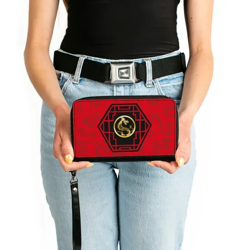 Women's PU Zip Around Wallet Rectangle - Mulan Mushu Cri-kee Lattice Mushu Icons Scattered Reds Black Golds