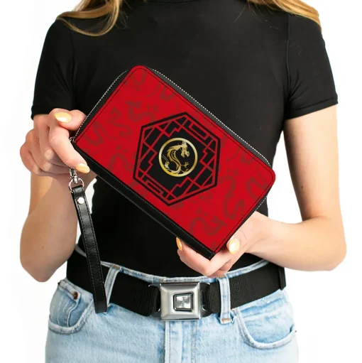 Women's PU Zip Around Wallet Rectangle - Mulan Mushu Cri-kee Lattice Mushu Icons Scattered Reds Black Golds