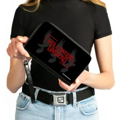 Women's PU Zip Around Wallet Rectangle - HOLLYWOOD UNDEAD Text Logo Tri-Dove & Grenade Icon Black Gray Red