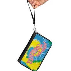 Women's PU Zip Around Wallet Rectangle - HAPPY THOUGHTS Tie Dye Blue Yellow White Pink