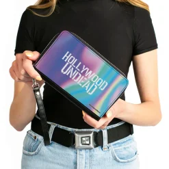 Women's PU Zip Around Wallet Rectangle - HOLLYWOOD UNDEAD Text Logo Aura White