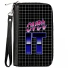 Women's PU Zip Around Wallet Rectangle - OVER IT Grid Black White Pinks Purples