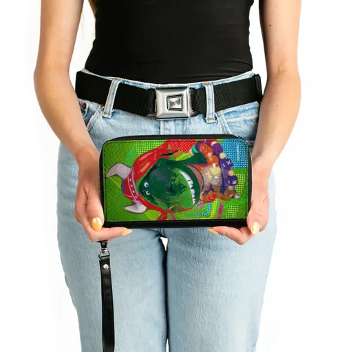 Women's PU Zip Around Wallet Rectangle - Toy Story Partysaurus Rex Viking Pose Greens Multi Color