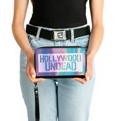 Women's PU Zip Around Wallet Rectangle - HOLLYWOOD UNDEAD Text Logo Block Aura White