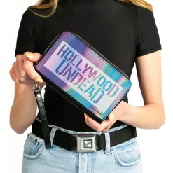 Women's PU Zip Around Wallet Rectangle - HOLLYWOOD UNDEAD Text Logo Block Aura White