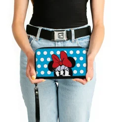 Women's PU Zip Around Wallet Rectangle - Minnie Style Face CLOSE-UP Dots Blue White
