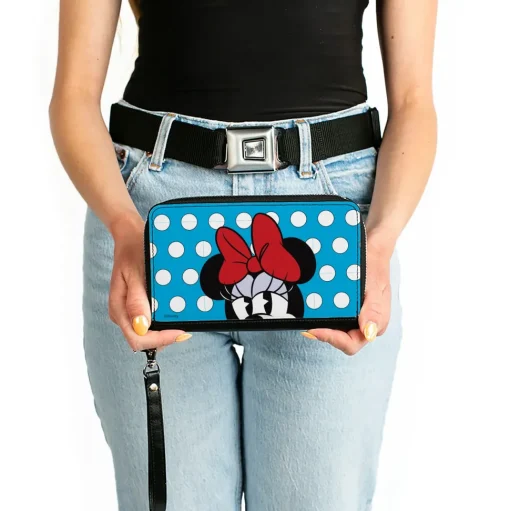 Women's PU Zip Around Wallet Rectangle - Minnie Style Face CLOSE-UP Dots Blue White