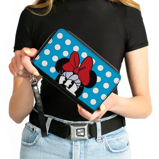 Women's PU Zip Around Wallet Rectangle - Minnie Style Face CLOSE-UP Dots Blue White