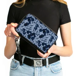 Women's PU Zip Around Wallet Rectangle - Mickey Mouse Expression Impressions Stacked Gray Blues