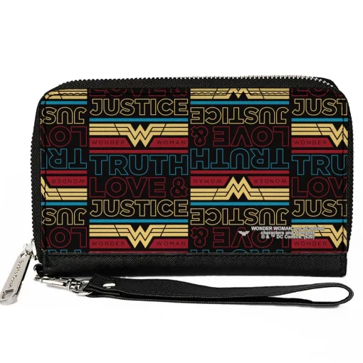 Women's PU Zip Around Wallet Rectangle - Wonder Woman 1984 TRUTH LOVE & JUSTICE Black Blue Red Gold
