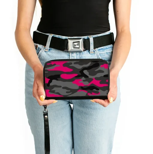 Women's PU Zip Around Wallet Rectangle - Camo Grays Pink