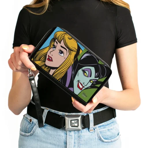 Women's PU Zip Around Wallet Rectangle - Sleeping Beauty Princess Aurora and Maleficent Face Blocks