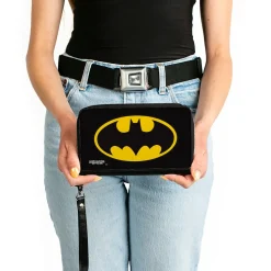 Women's PU Zip Around Wallet Rectangle - Batman Bat Logo Black Yellow