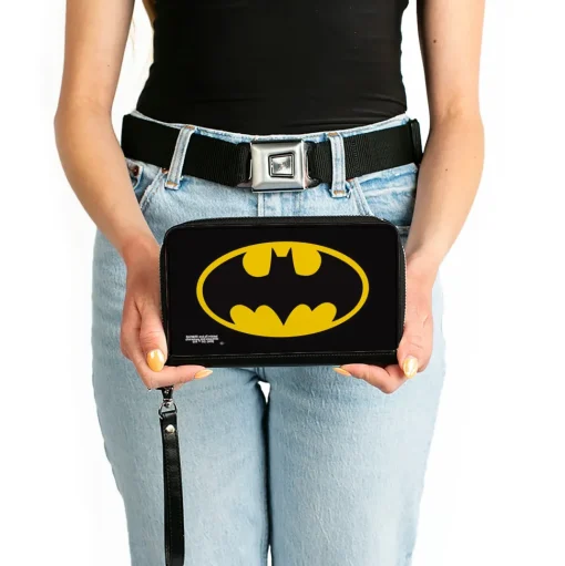 Women's PU Zip Around Wallet Rectangle - Batman Bat Logo Black Yellow