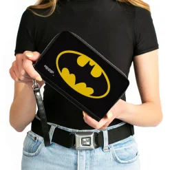 Women's PU Zip Around Wallet Rectangle - Batman Bat Logo Black Yellow