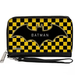 Women's PU Zip Around Wallet Rectangle - BATMAN Bat Logo Close-Up Checker Yellow Black