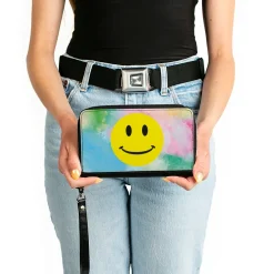 Women's PU Zip Around Wallet Rectangle - Smiley Face Tie Dye Blues Greens Pinks Yellows