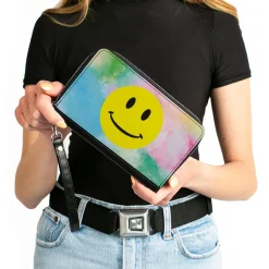 Women's PU Zip Around Wallet Rectangle - Smiley Face Tie Dye Blues Greens Pinks Yellows