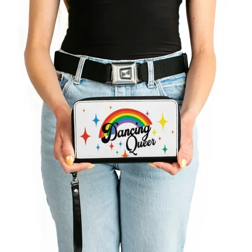 Women's PU Zip Around Wallet Rectangle - DANCING QUEER Rainbow White Black Multi Color