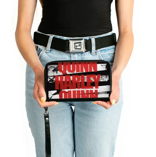 Women's PU Zip Around Wallet Rectangle - Birds of Prey HARLEY QUINN Bold Stars and Stripes Black White Red