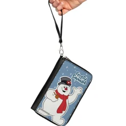 Women's PU Zip Around Wallet Rectangle - FROSTY THE SNOWMAN Waving Pose Blue White